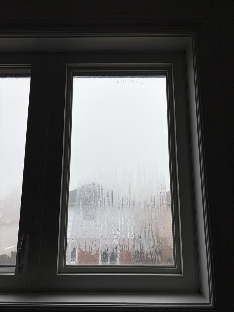 Condensation-streaked window before replacement